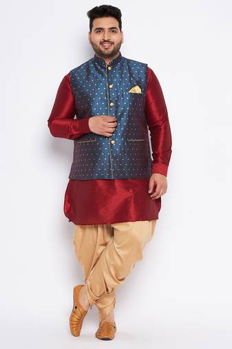 maroon silk blend jacket kurta dhoti set