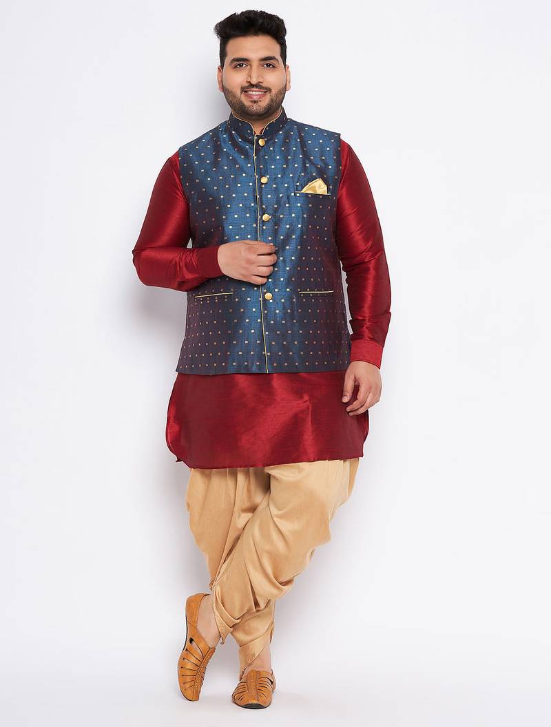 maroon silk blend jacket kurta dhoti set