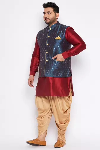 maroon silk blend jacket kurta dhoti set