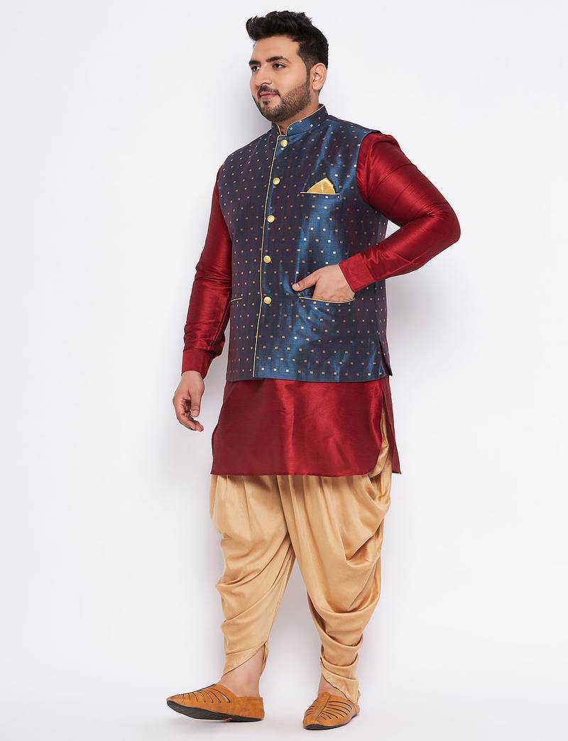 maroon silk blend jacket kurta dhoti set