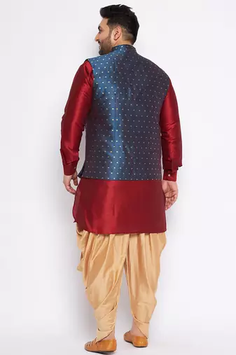 maroon silk blend jacket kurta dhoti set