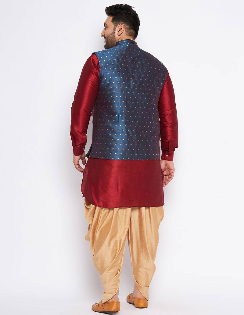 maroon silk blend jacket kurta dhoti set