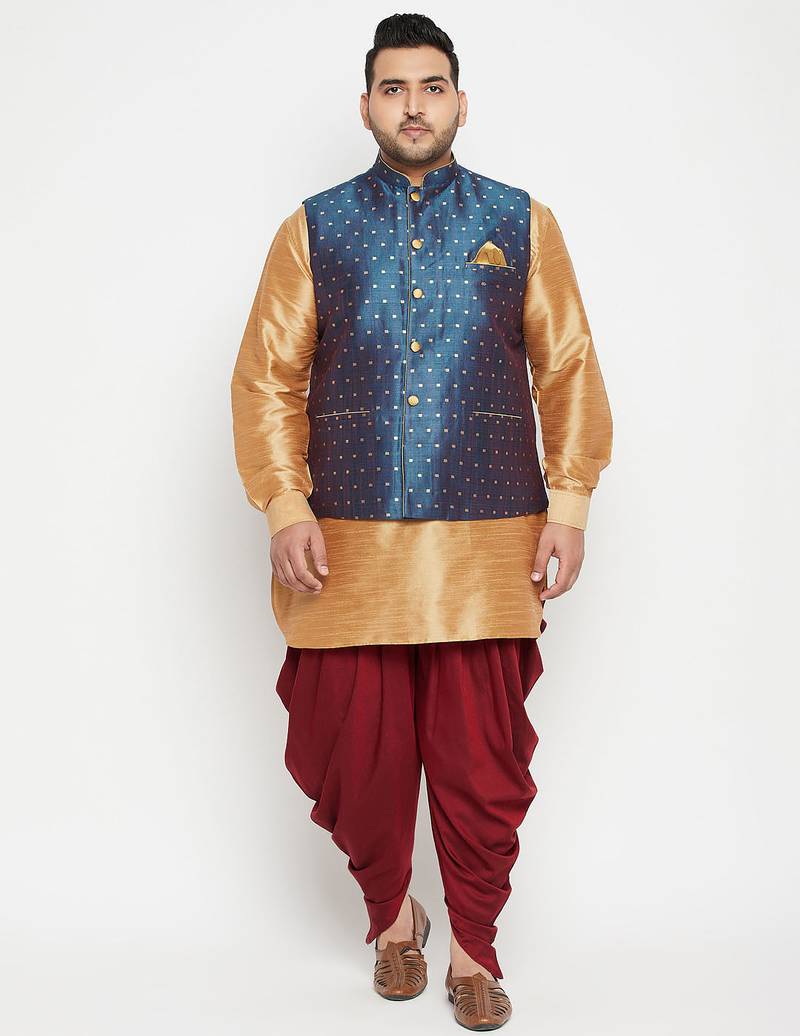 Plus rose gold, blue and white silk blend jacket kurta dhoti set