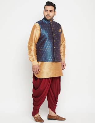 rose gold, blue and white silk blend jacket kurta dhoti set 2
