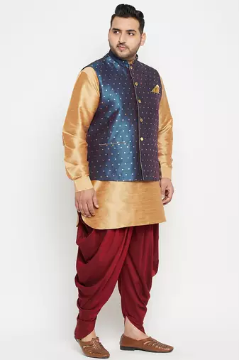rose gold, blue and white silk blend jacket kurta dhoti set