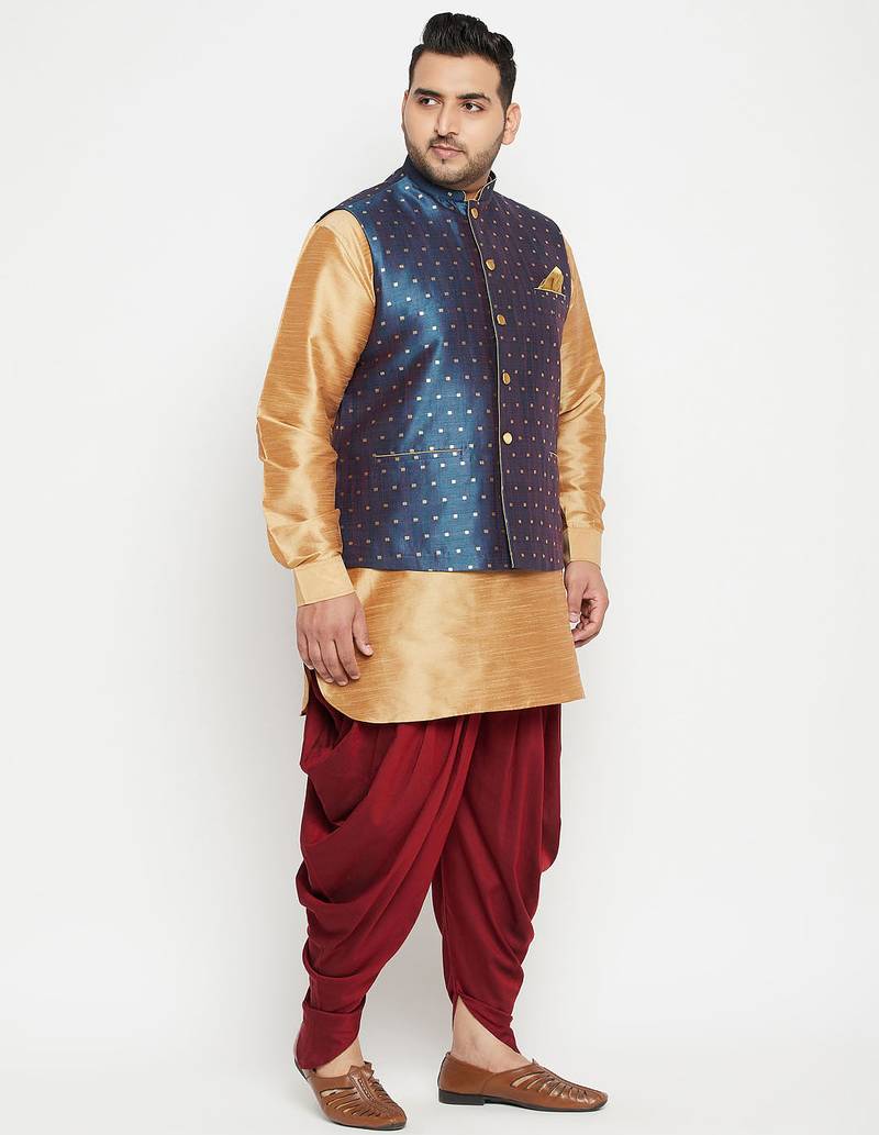 Plus rose gold, blue and white silk blend jacket kurta dhoti set