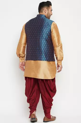 rose gold, blue and white silk blend jacket kurta dhoti set