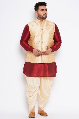 maroon silk blend jacket kurta dhoti set