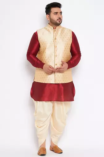 Plus maroon silk blend jacket kurta dhoti set