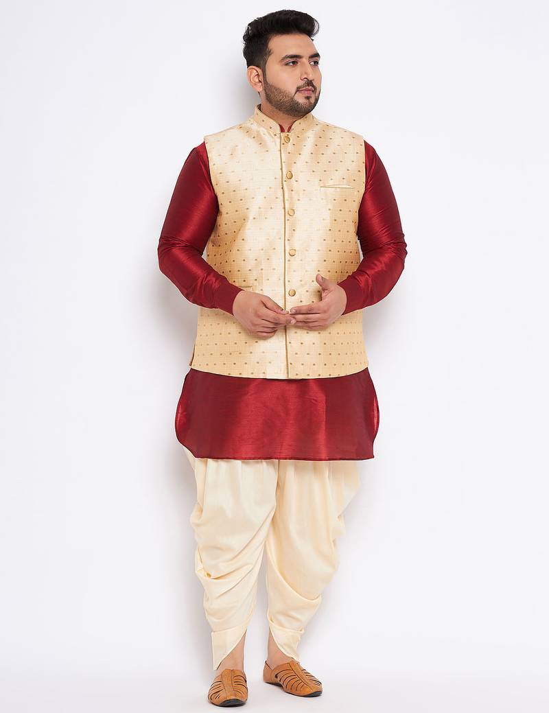 Plus maroon silk blend jacket kurta dhoti set