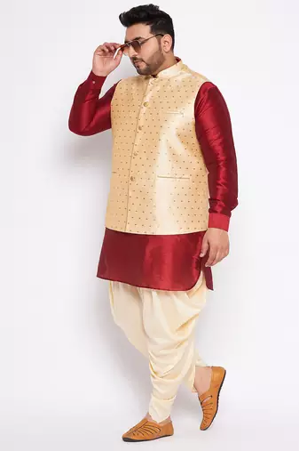 maroon silk blend jacket kurta dhoti set