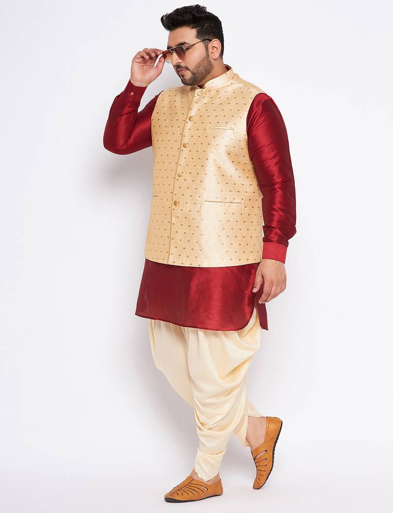 Plus maroon silk blend jacket kurta dhoti set