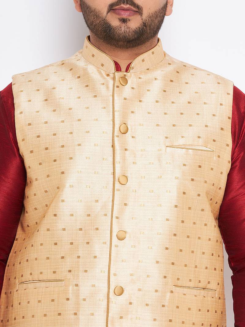 Plus maroon silk blend jacket kurta dhoti set