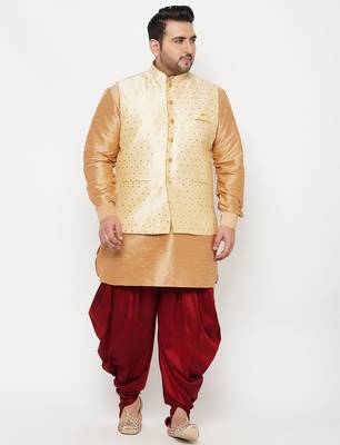 rose gold, gold and white silk blend jacket kurta dhoti set 1