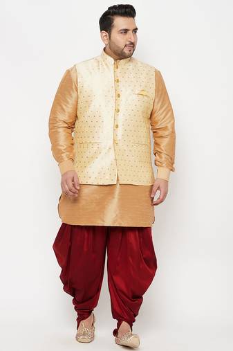 rose gold, gold and white silk blend jacket kurta dhoti set