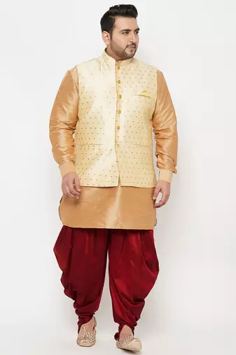 Plus rose gold, gold and white silk blend jacket kurta dhoti set