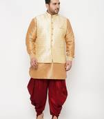 rose gold, gold and white silk blend jacket kurta dhoti set