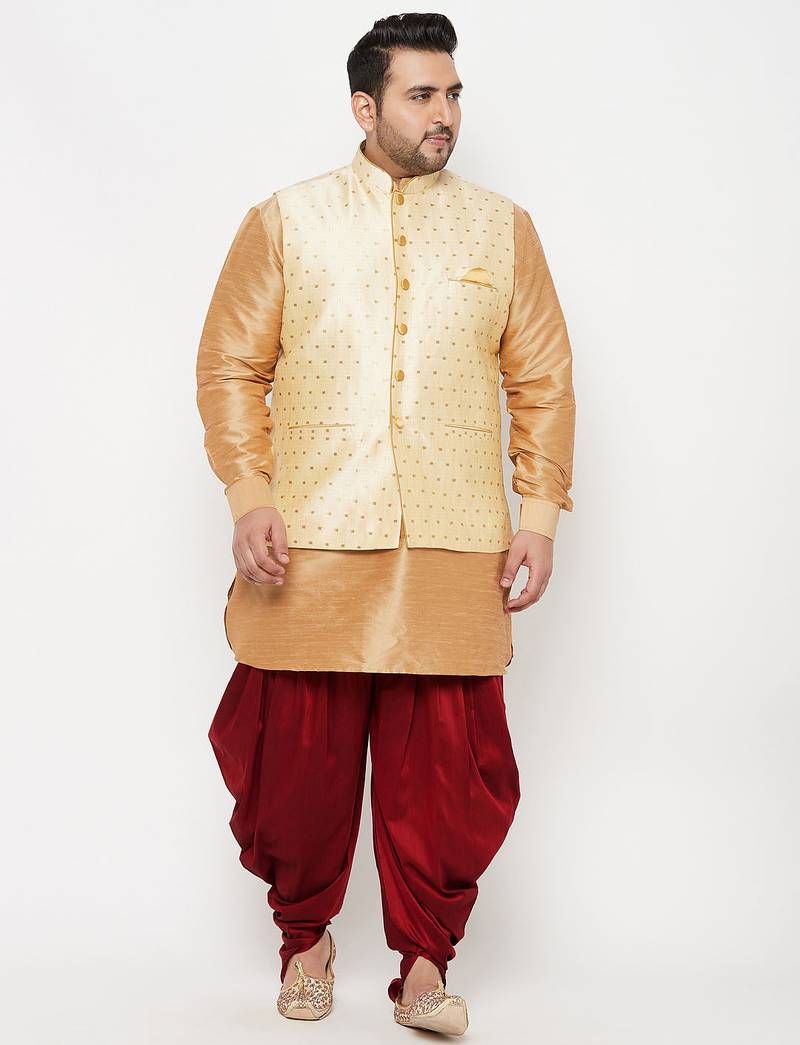 Plus rose gold, gold and white silk blend jacket kurta dhoti set