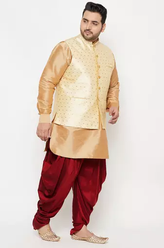 rose gold, gold and white silk blend jacket kurta dhoti set