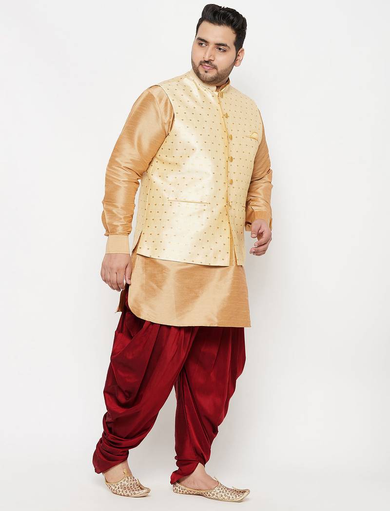 Plus rose gold, gold and white silk blend jacket kurta dhoti set