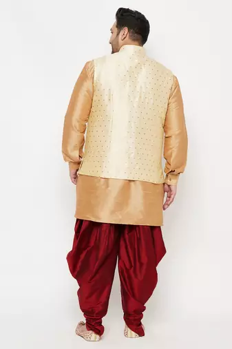 rose gold, gold and white silk blend jacket kurta dhoti set