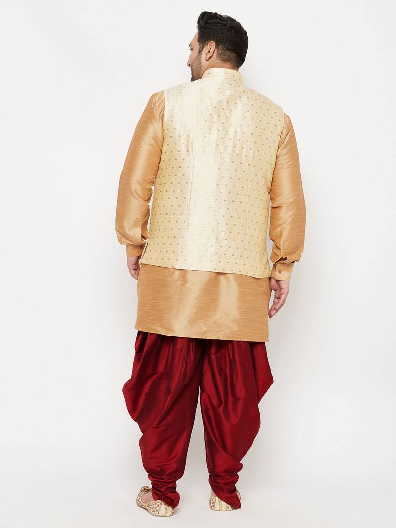 Plus rose gold, gold and white silk blend jacket kurta dhoti set