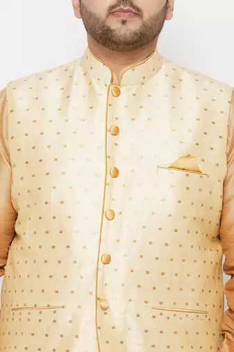 rose gold, gold and white silk blend jacket kurta dhoti set