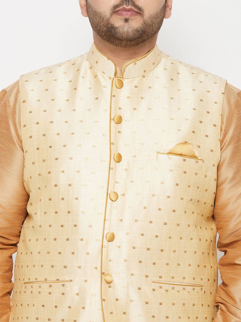 Plus rose gold, gold and white silk blend jacket kurta dhoti set