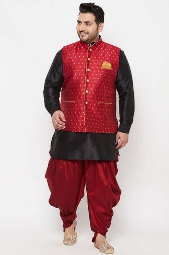 black, maroon and white silk blend jacket kurta dhoti set