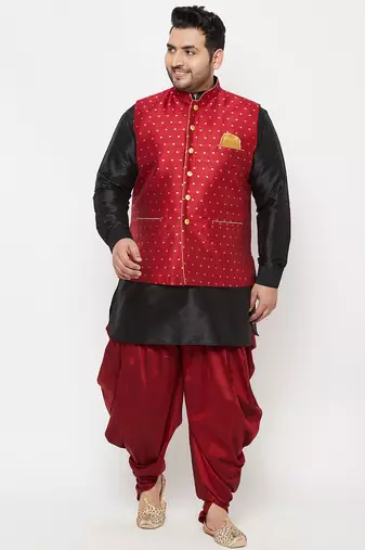 Plus black, maroon and white silk blend jacket kurta dhoti set