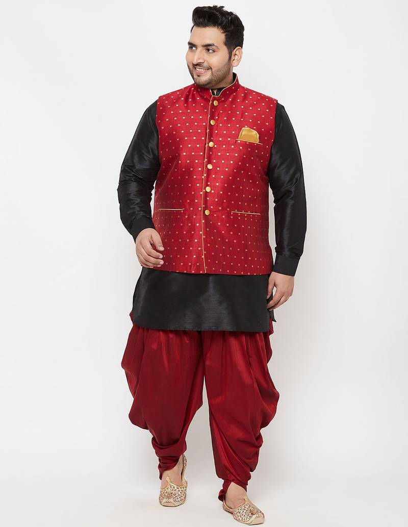Plus black, maroon and white silk blend jacket kurta dhoti set