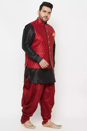 black, maroon and white silk blend jacket kurta dhoti set