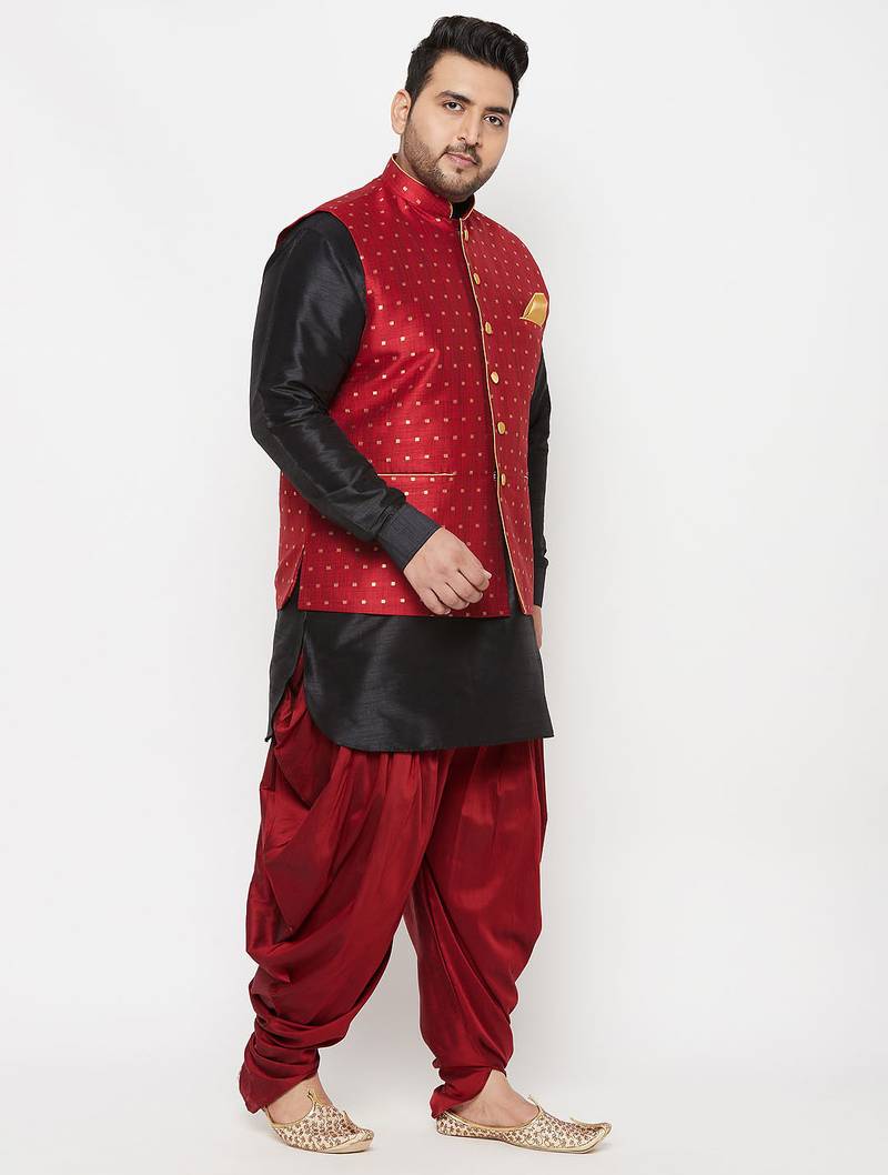 Plus black, maroon and white silk blend jacket kurta dhoti set