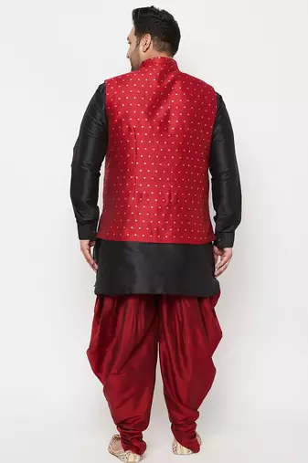 black, maroon and white silk blend jacket kurta dhoti set