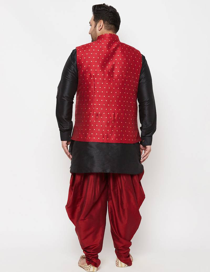 Plus black, maroon and white silk blend jacket kurta dhoti set