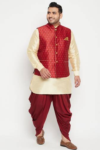 gold, maroon and white silk blend jacket kurta dhoti set