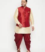 gold, maroon and white silk blend jacket kurta dhoti set