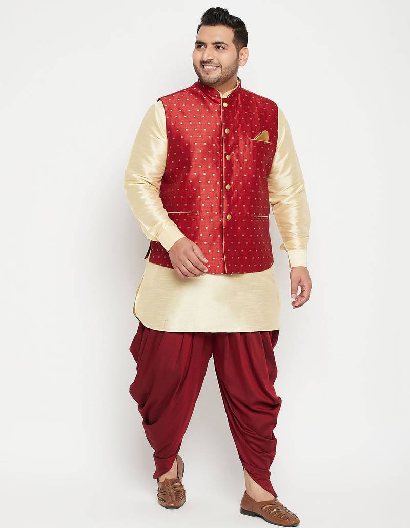 Plus gold, maroon and white silk blend jacket kurta dhoti set
