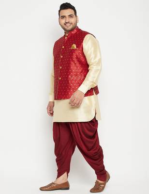 gold, maroon and white silk blend jacket kurta dhoti set 2