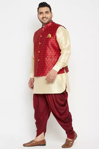 gold, maroon and white silk blend jacket kurta dhoti set