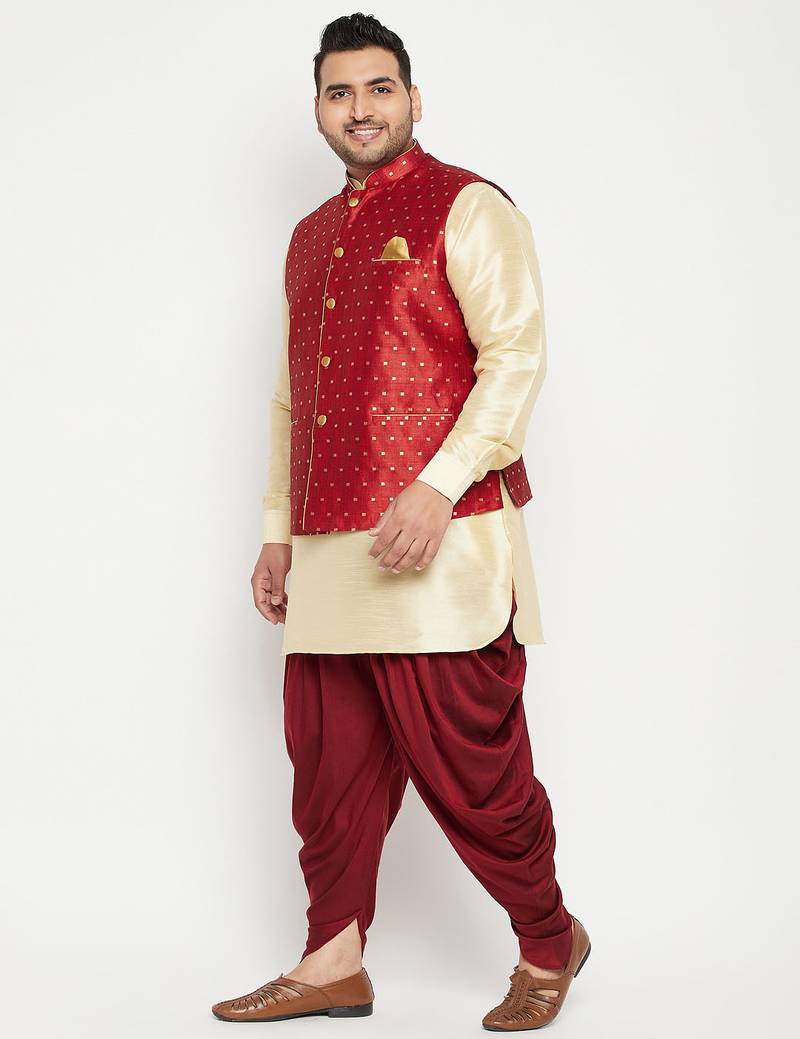 Plus gold, maroon and white silk blend jacket kurta dhoti set