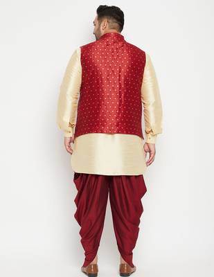 gold, maroon and white silk blend jacket kurta dhoti set 3