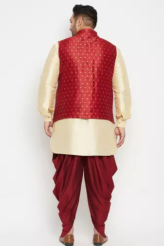 gold, maroon and white silk blend jacket kurta dhoti set