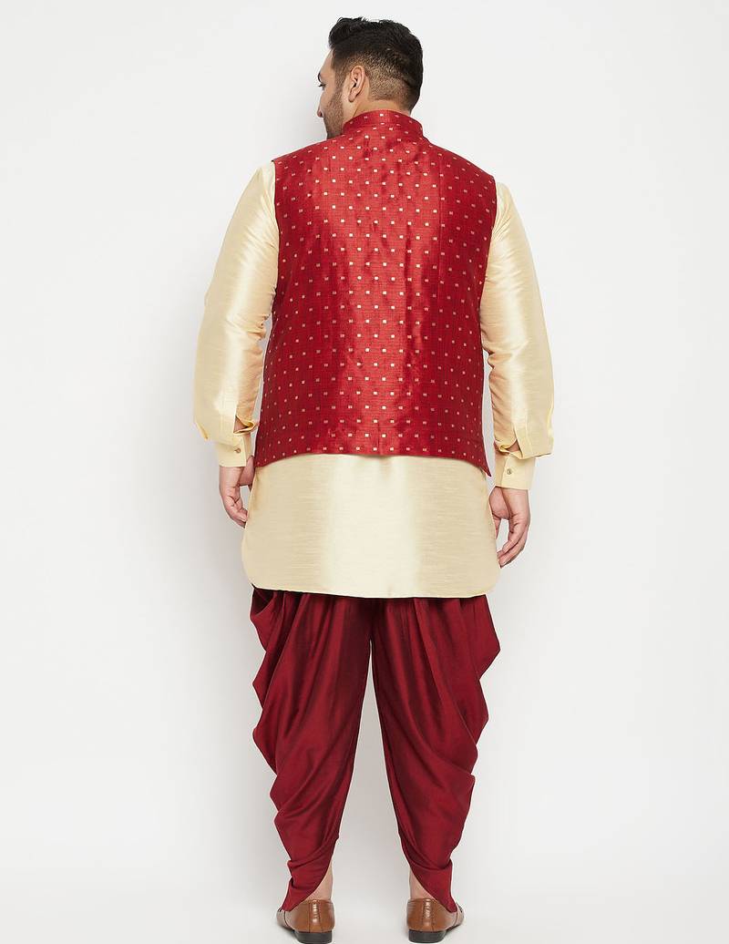 Plus gold, maroon and white silk blend jacket kurta dhoti set