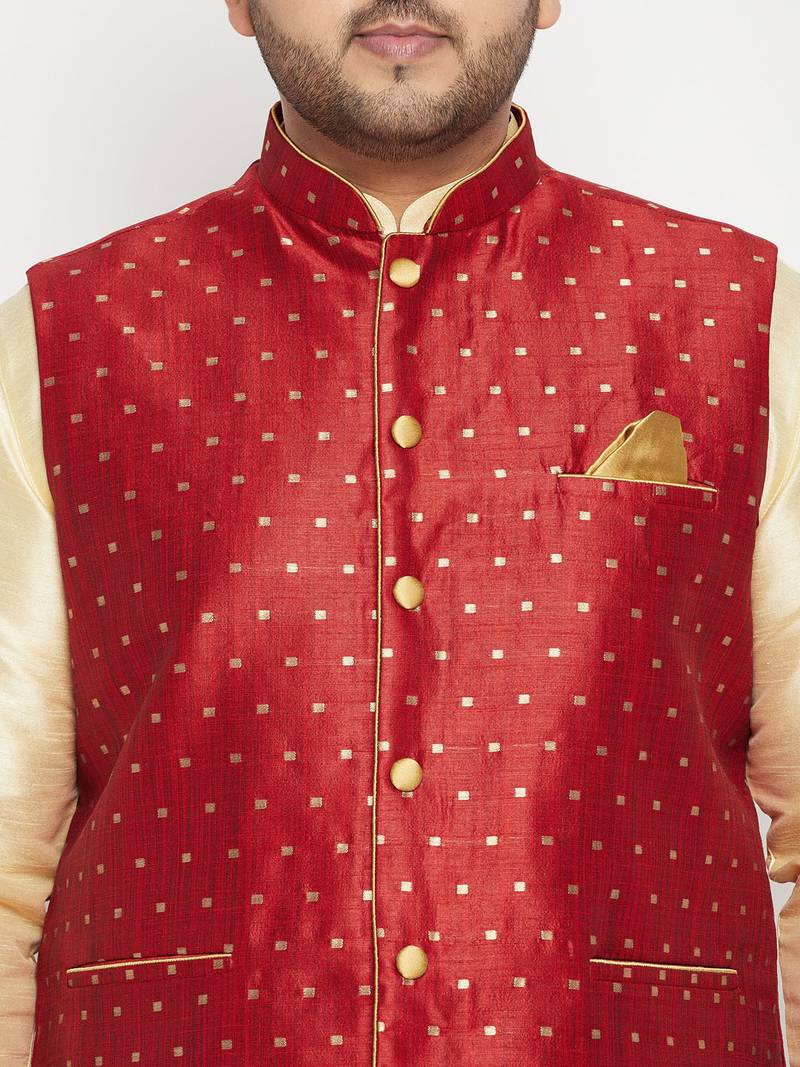 Plus gold, maroon and white silk blend jacket kurta dhoti set