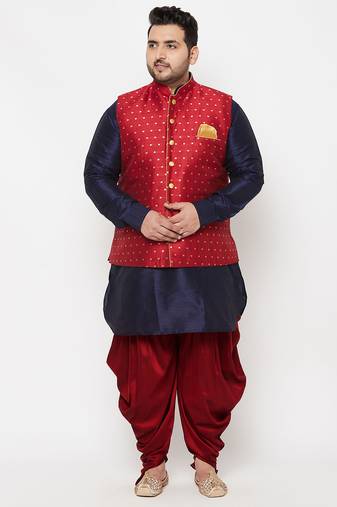 navy blue, maroon and white silk blend jacket kurta dhoti set
