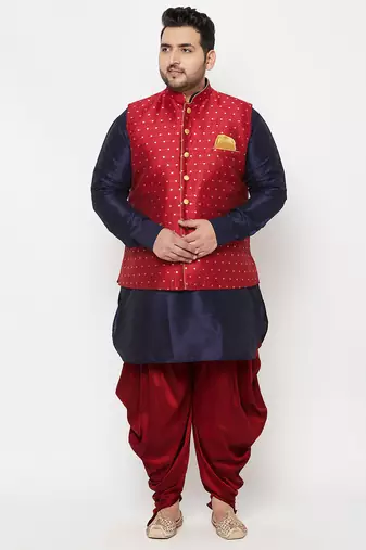 Plus navy blue, maroon and white silk blend jacket kurta dhoti set