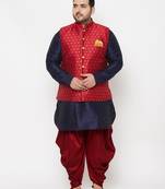 navy blue, maroon and white silk blend jacket kurta dhoti set