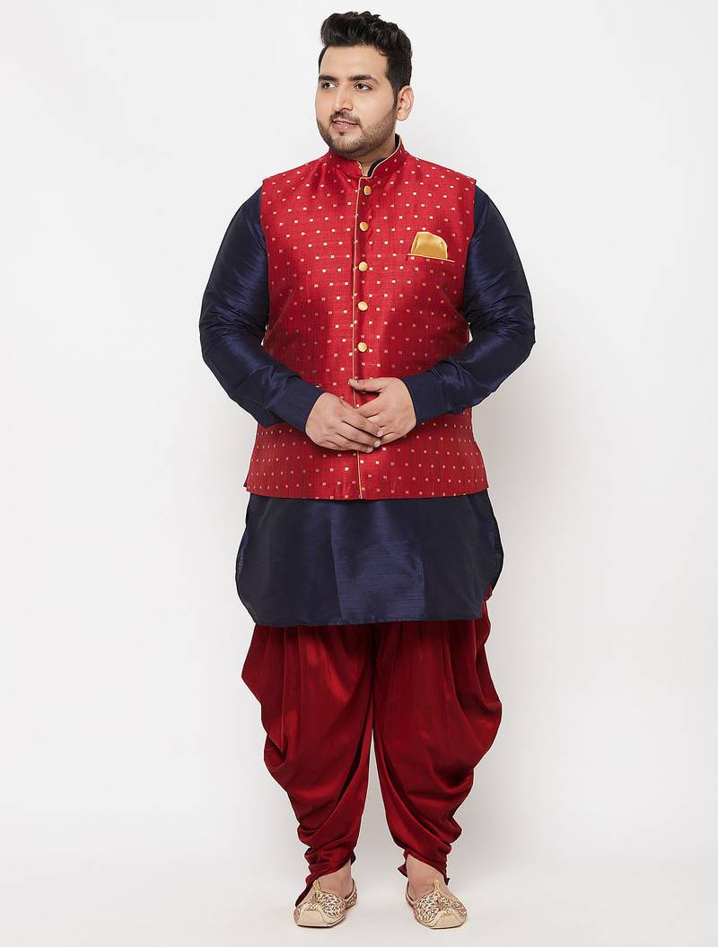 Plus navy blue, maroon and white silk blend jacket kurta dhoti set