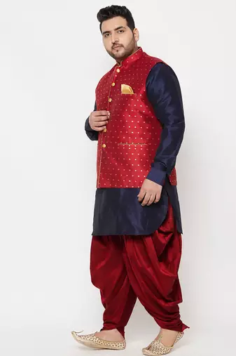 navy blue, maroon and white silk blend jacket kurta dhoti set